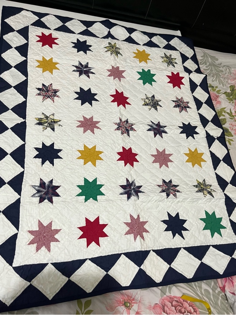 Handmade Star Patchwork Quilt in White with Multi-Colored Stars